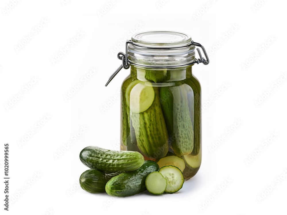 Pickle cucumber on transparent glass jar with fresh cucumber and slices on side isolated on white background Pickle cucumber on transparent glass jar with fresh cucumber and slices on side isolated on white background