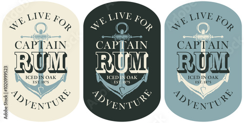 Vector set banner or label with inscription Rum, and Monochrome illustration decorated with old ship anchor on difirend background in retro style.