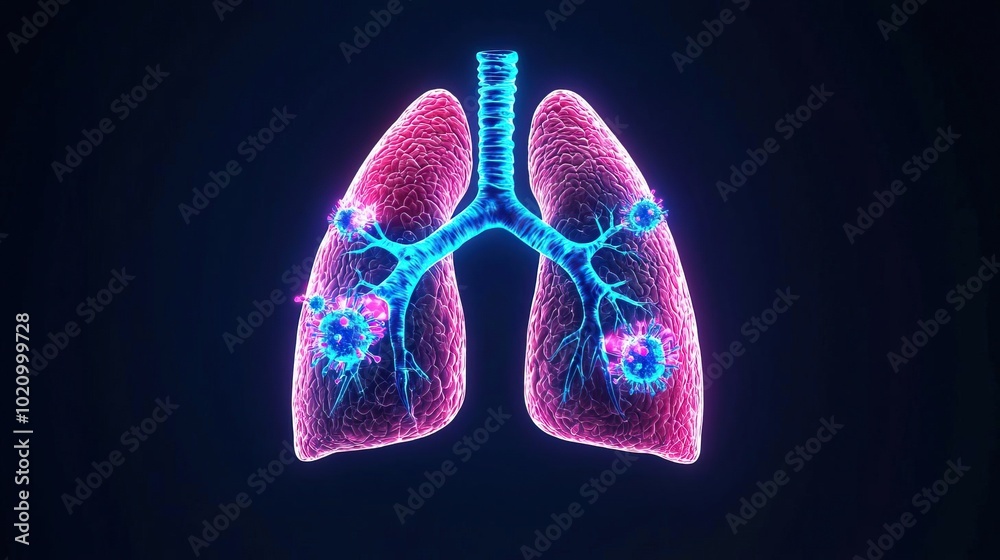 Anatomical illustration of lungs being attacked by viruses Anatomical illustration of lungs being attacked by viruses