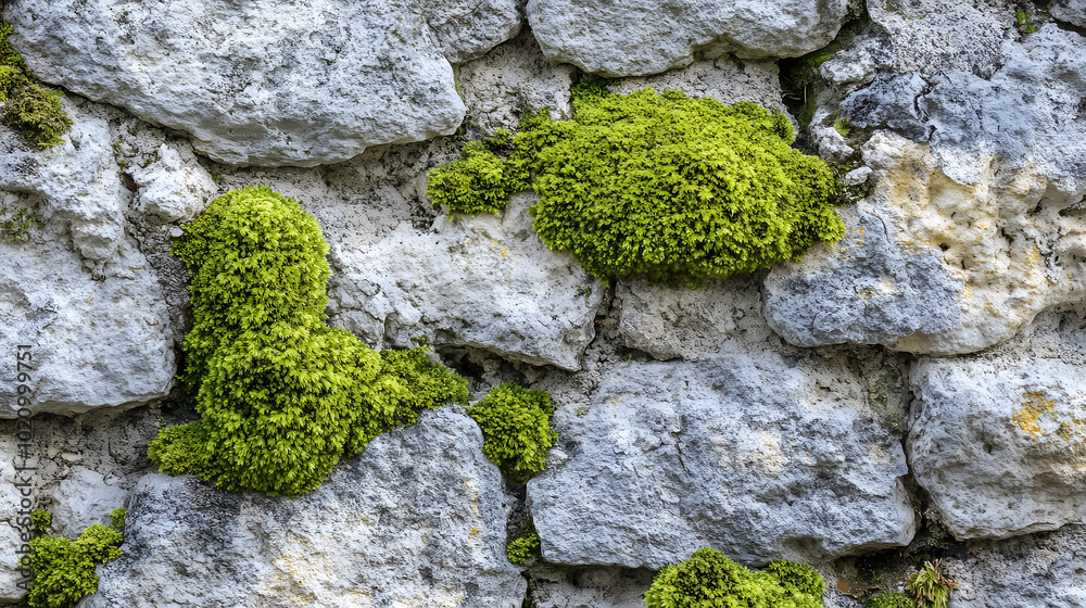 Fototapeta premium Photo depicting bright green moss on an old stone wall. Close-up. Slovenia, Ljubljana city, Castle area.