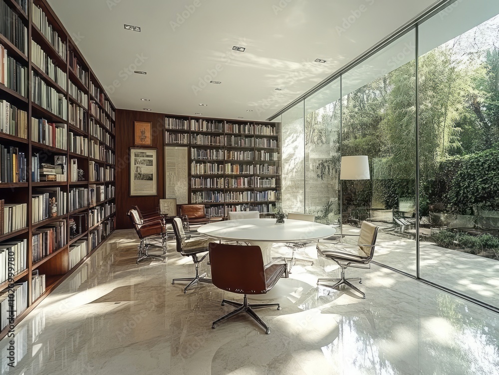 Airy library with glass walls and metal accents