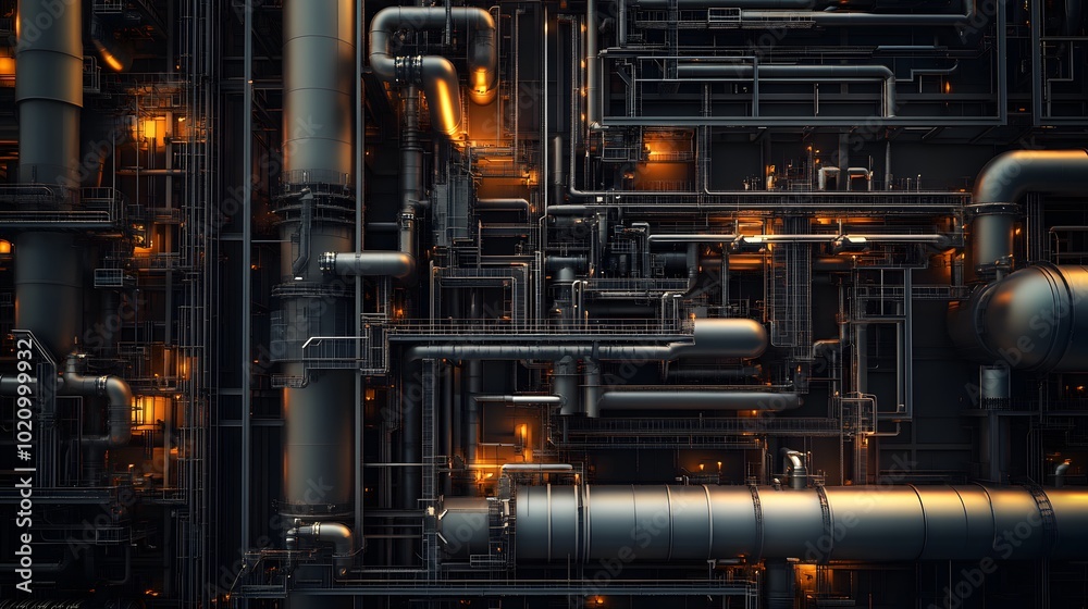 A macro view of industrial reactor vessels connected to cracking units through a labyrinth of pipes and valves. A macro view of industrial reactor vessels connected to cracking units through a labyrinth of pipes and valves.