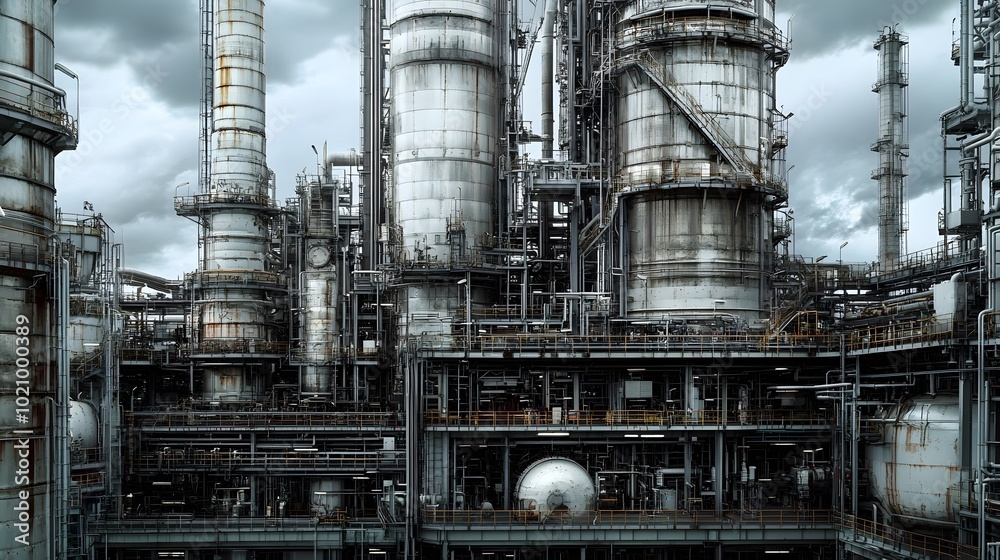 A detailed look at the towering cracking units, reactor vessels, and complex machinery in a petrochemical plant. A detailed look at the towering cracking units, reactor vessels, and complex machinery in a petrochemical plant.
