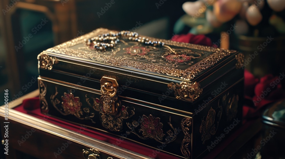 Ornate jewelry box with subtle Mothera??s Day themed decorations Ornate jewelry box with subtle Mothera??s Day themed decorations