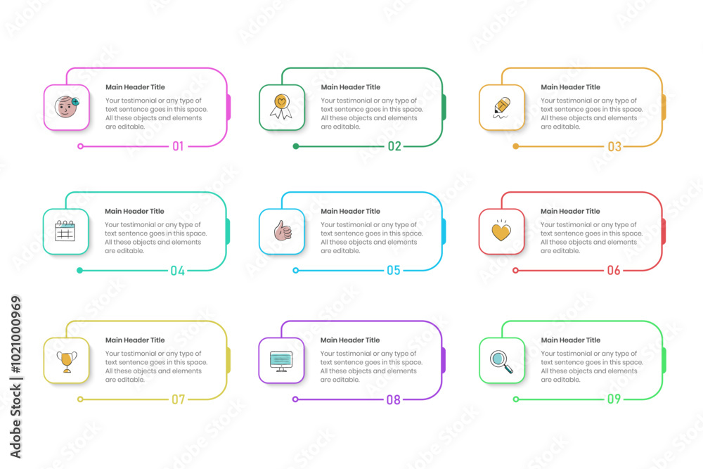 nine step Infographics Design Template, Chart diagram, Graph, Pie chart, workflow layout, report, presentation design elements Editable Vector illustration, Process diagram in white background