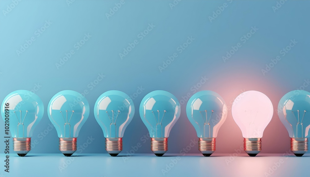 A row of light bulbs, with one glowing brightly, symbolizes creativity, innovation, and the spark of new ideas against a soft blue background. A row of light bulbs, with one glowing brightly, symbolizes creativity, innovation, and the spark of new ideas against a soft blue background.