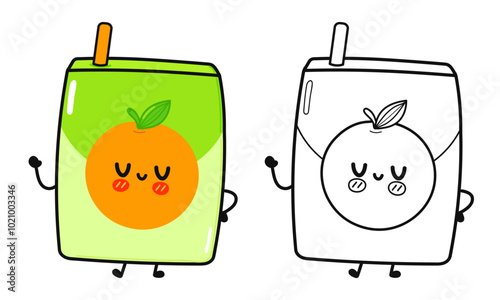 Funny cute happy Juice characters bundle set. Vector hand drawn cartoon kawaii character illustration icon. Cute Orange juice. Outline cartoon illustration for coloring book