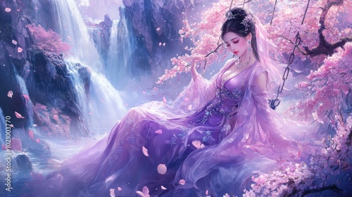 Mystical Waterfall and Woman in Purple Dress