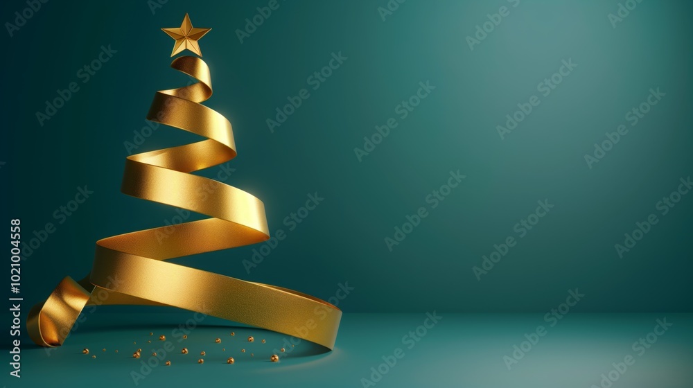 A modern minimalist Christmas tree made of a swirling golden ribbon with a star on top against a teal background. A modern minimalist Christmas tree made of a swirling golden ribbon with a star on top against a teal background.