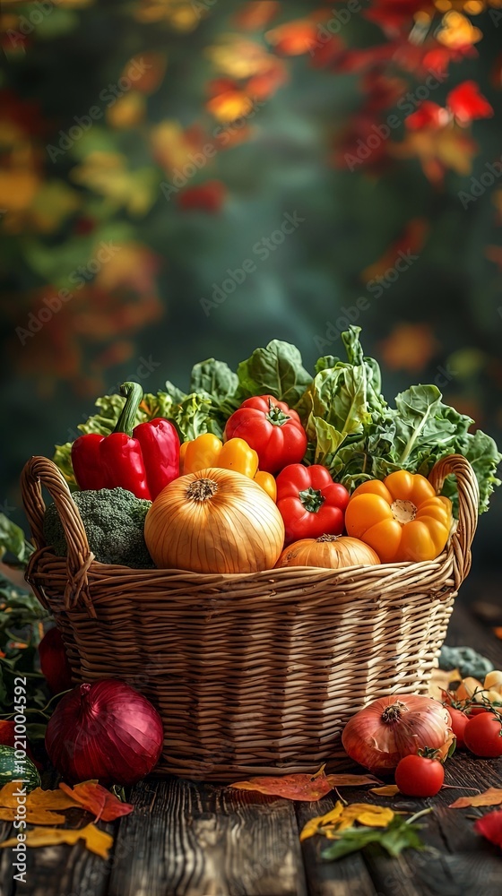 A rustic basket overflowing with a variety of fresh vegetables, accompanied by vibrant autumn leaves, highlights the harvest season's abundance in a natural setting. A rustic basket overflowing with a variety of fresh vegetables, accompanied by vibrant autumn leaves, highlights the harvest season's abundance in a natural setting.