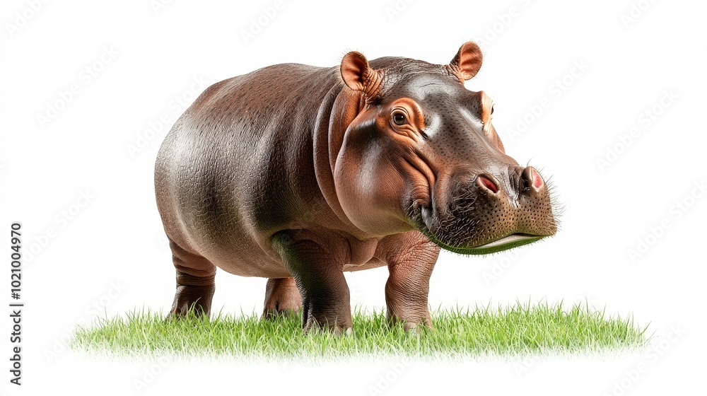 Cute Hippo Standing on Green Grass Isolated Background Cute Hippo Standing on Green Grass Isolated Background