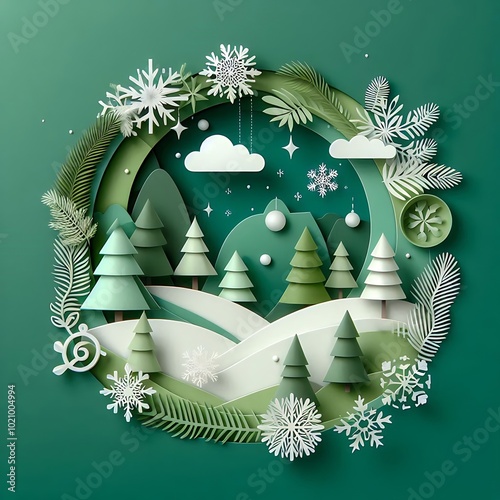 Winter green Christmas background Xmas modern design set in paper cut style with Christmas tree pine branches Usable for social media, banner space for copy created with generative ai	 photo