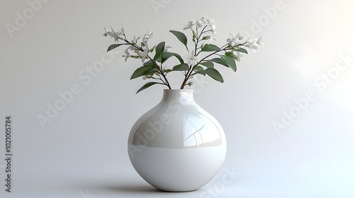 Elegant floral arrangement featuring delicate white blossoms and lush greenery in a minimalist white ceramic vase. This serene and refined home decor piece exudes a sense of calm,purity.