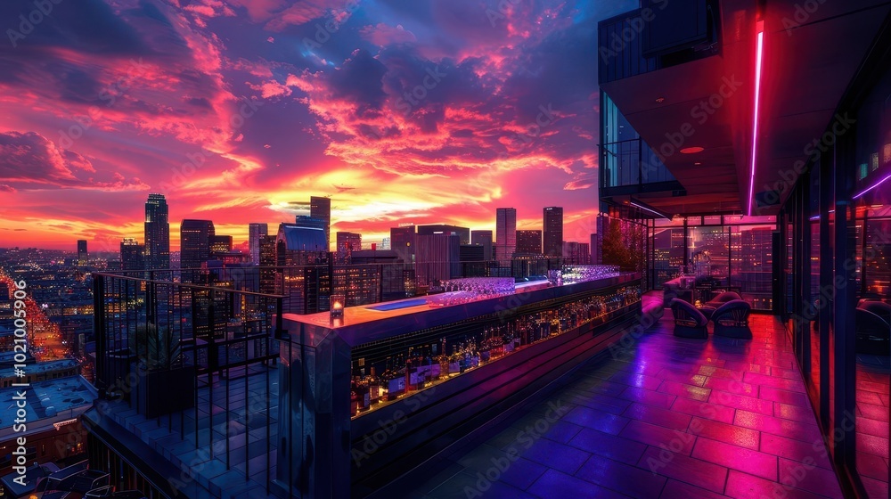 Fototapeta premium Urban Rooftop Bar, vibrant colors, city skyline, dynamic scenes, photography