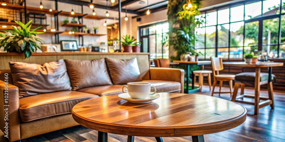 A Cozy Cafe Setting Featuring a Wooden Table with a Cup of Coffee and a Comfortable Leather Sofa in the Background A Cozy Cafe Setting Featuring a Wooden Table with a Cup of Coffee and a Comfortable Leather Sofa in the Background
