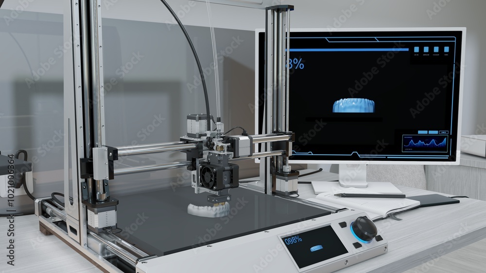 The illustrated a 3D printer at work, creating a jaw with teeth. The precision and innovation of modern 3D printing technology of dentistry. 3d illustration The illustrated a 3D printer at work, creating a jaw with teeth. The precision and innovation of modern 3D printing technology of dentistry. 3d illustration