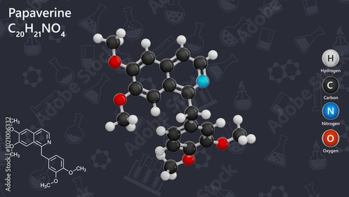 Molecule of Papaverine (C20H21NO4), is an alkaloid derived from opium. It has a role as a vasodilator agent and an antispasmodic drug. Chemical model: Ball and Stick. Dark back. 3d illustration photo