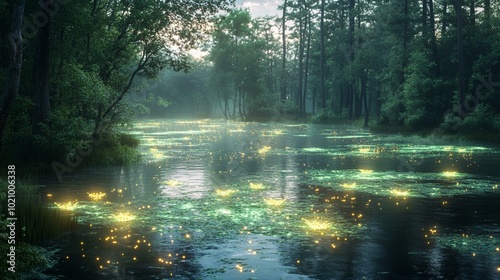 this Enchanted bog with glowing, bioluminescent plants and creatures.