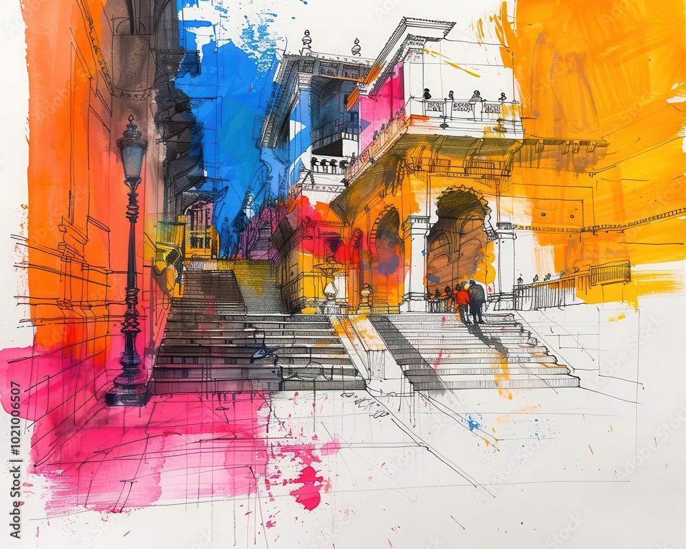 Fototapeta premium Urban Sketching, vibrant colors, dynamic scenes, street setting, photography