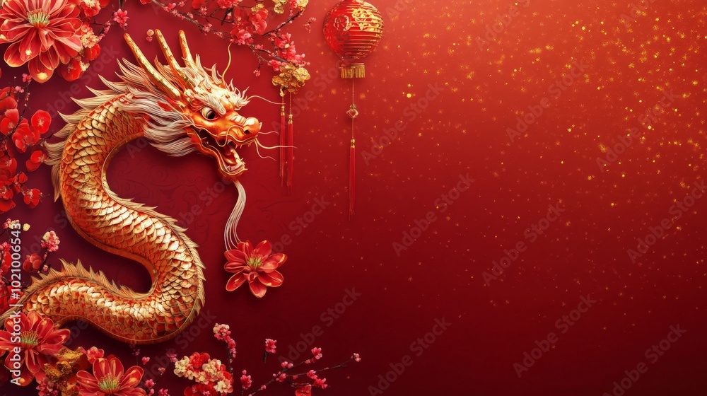 Fototapeta premium Joyful celebration of the Chinese New Year featuring the dragon zodiac symbol, adorned with floral lanterns, set against a vibrant red and gold backdrop, inviting prosperity and happiness.