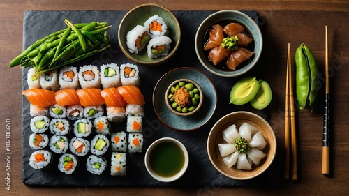 Asian-inspired charcuterie board flat lay aesthetic setup for ads background