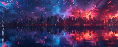 Urban Stargazing, vibrant colors, night sky, city backdrop, photography