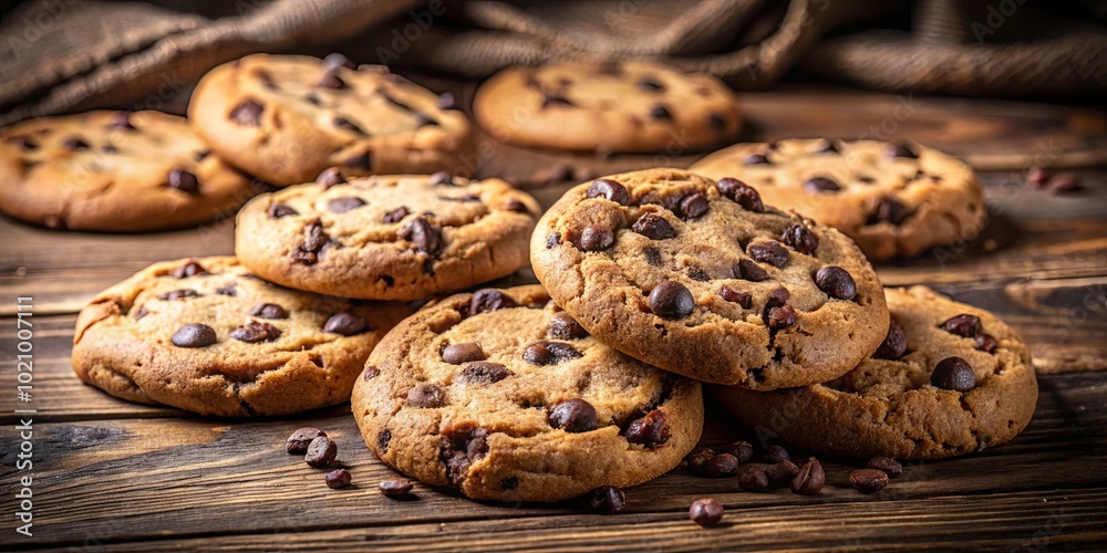 A symphony of golden brown, chocolate chip cookies arranged on a rustic wooden surface, capturing the essence of simple baking delights. A symphony of golden brown, chocolate chip cookies arranged on a rustic wooden surface, capturing the essence of simple baking delights.