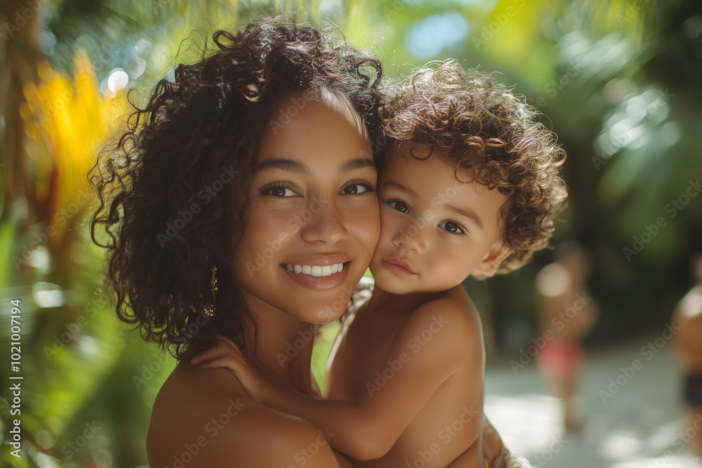 Under the bright sun, a mother and her son enjoy the simplicity of the Latin American countryside, with the boy hugging her from her shoulders in a serene setting.