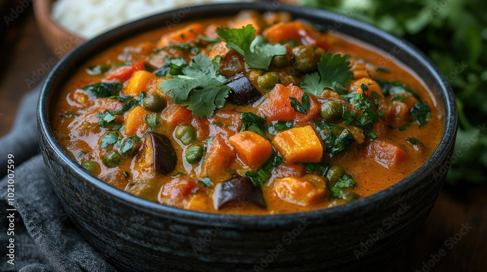 A bowl of creamy coconut curry filled with vegetables like eggplant, sweet potatoes, and green beans, served with jasmine rice and cilantro garnish A bowl of creamy coconut curry filled with vegetables like eggplant, sweet potatoes, and green beans, served with jasmine rice and cilantro garnish