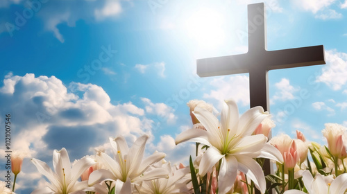 Eternal Hope: Wooden Cross and White Lilies Under Blue Sky