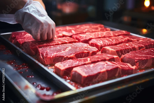 Culinary Artistry: Human Hands Arrange Appetizing Meat Pieces for Cooking