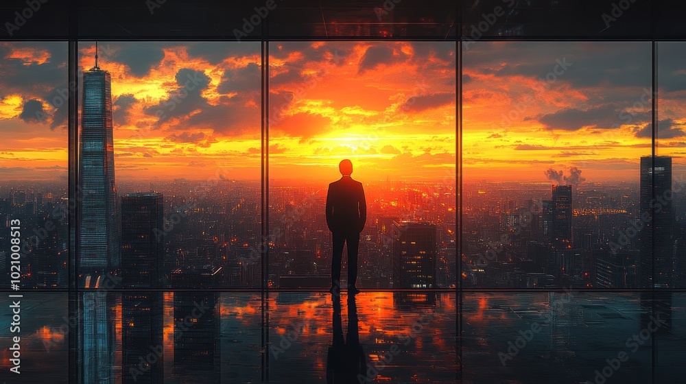 A silhouette overlooks a vibrant sunset from a skyscraper window. A silhouette overlooks a vibrant sunset from a skyscraper window.