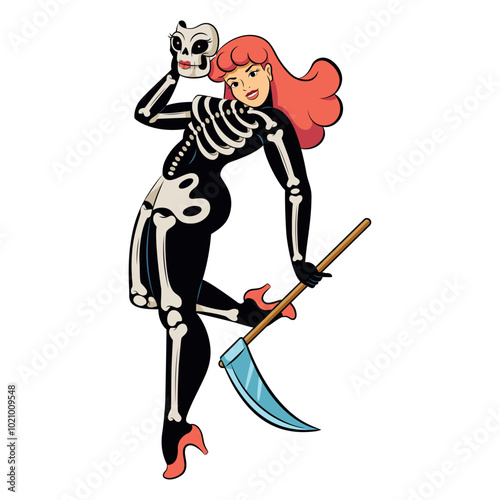 Vector Beautiful Skeleton Girl Cartoon Pin Up Retro Style Illustration Isolated