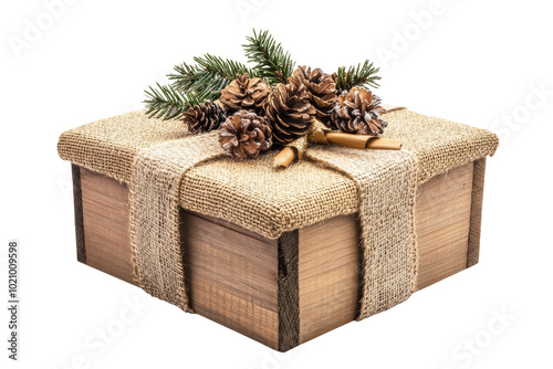 A beautifully wrapped gift box adorned with pinecones and twine, perfect for holiday celebrations. photo