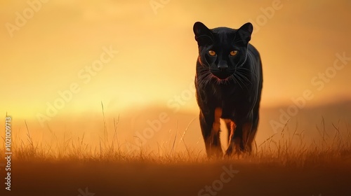 A black panther is walking through a field of tall grass