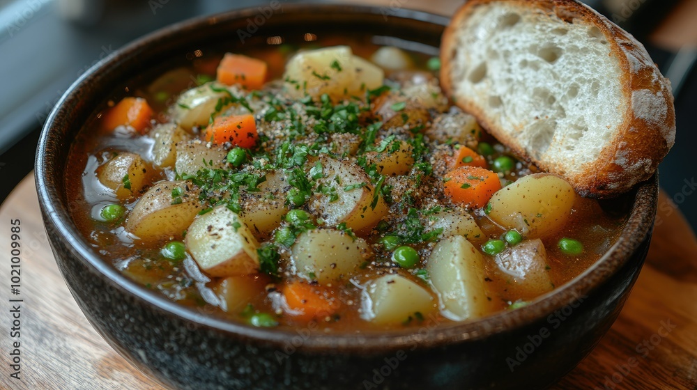A bowl of hearty vegetable stew with chunks of potatoes, carrots, and peas, served with a slice of warm, buttered bread A bowl of hearty vegetable stew with chunks of potatoes, carrots, and peas, served with a slice of warm, buttered bread