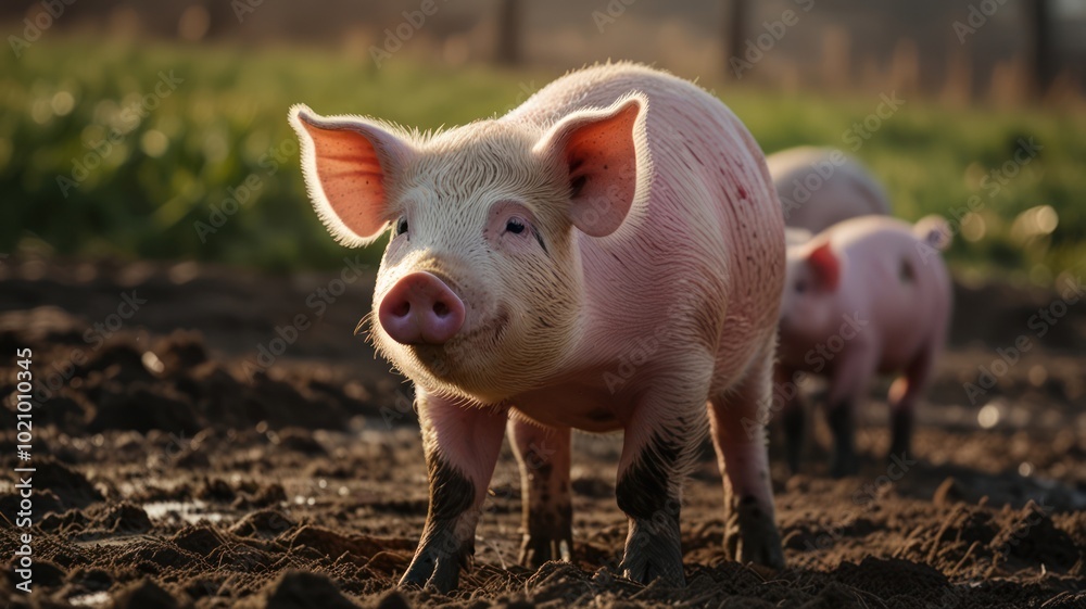 A pink piglet stands in a muddy field, looking directly at the camera. Two more piglets are visible in the background.