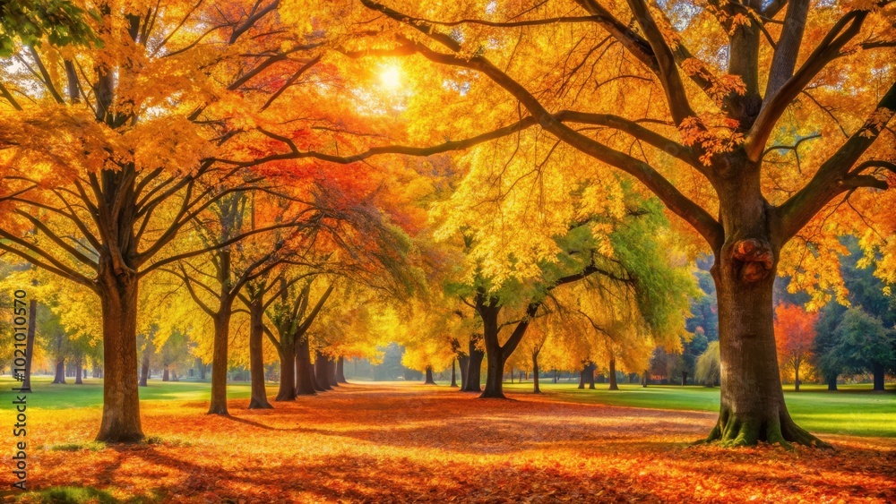 Naklejka premium Golden Sunlight Dappling Through Autumn Trees, Casting Long Shadows on a Carpet of Fallen Leaves