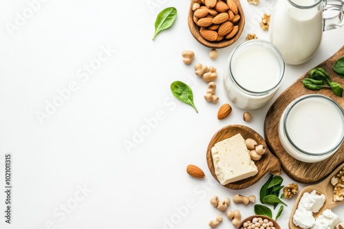 A minimalist, top-down view of an array of alternative dairy products such as almond milk, soy yogurt, and cashew cheese on a white background with blank space for text. photo