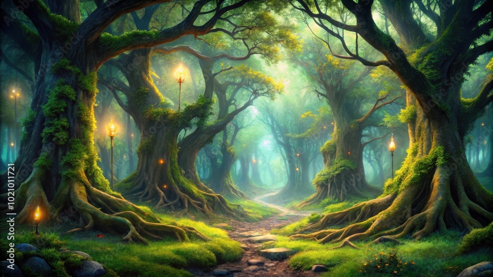 Fototapeta premium A Mystical Path Through an Enchanted Forest, Illuminated by Glowing Lanterns