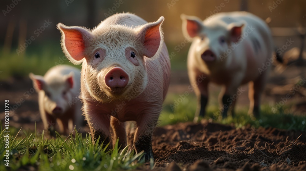 Three adorable piglets stand in a field, one facing the camera with a curious expression. Three adorable piglets stand in a field, one facing the camera with a curious expression.