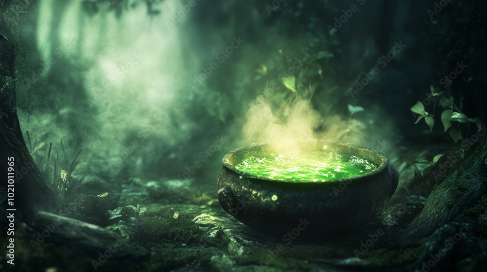 Witch's cauldron in the forest, glowing green with a bubbling potion Witch's cauldron in the forest, glowing green with a bubbling potion