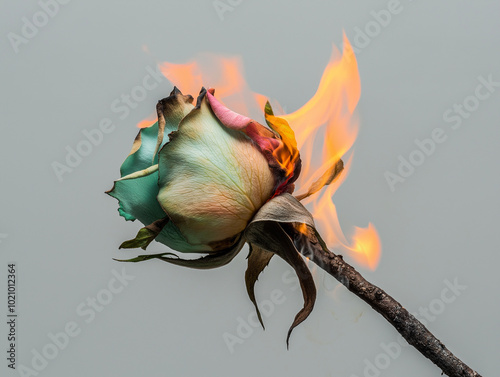 A beautiful rose is being burned by a branch that is on fire. The fire is consuming the rose and the branch, leaving only charred remains. The scene is both tragic and mesmerizing, as the once vibrant photo