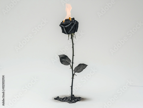 A black rose with a burning flame on top. Concept of loss and sadness, as the rose is wilted and burnt, symbolizing the end of a relationship or the passing of time photo