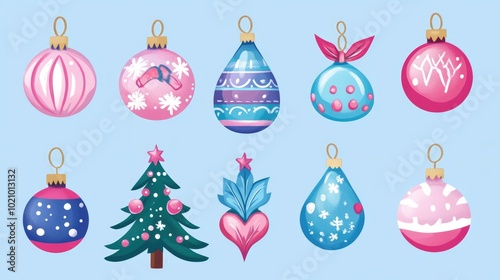 Christmas tree ornaments flat design front view winter wonderland theme cartoon drawing vivid