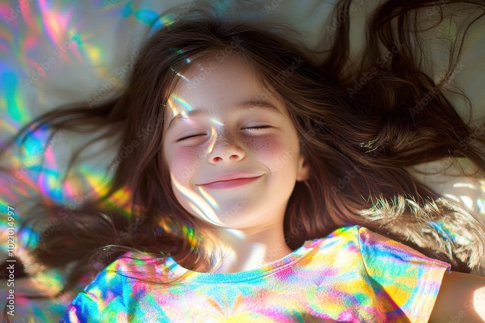 Young kid on a vibrant background, the face illuminated by colorful light reflections. Rainbow-like colors create dreamlike, surreal atmosphere, perfect for creative artistic projects. Young kid on a vibrant background, the face illuminated by colorful light reflections. Rainbow-like colors create dreamlike, surreal atmosphere, perfect for creative artistic projects.