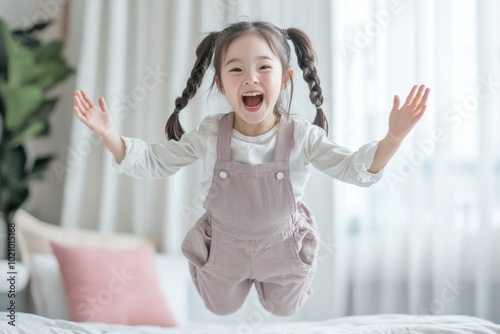 A joyful, braided Asian girl jumps energetically on a bed in a cozy room, reflecting the playful spirit that is perfect for promoting children’s products or family-oriented content. photo