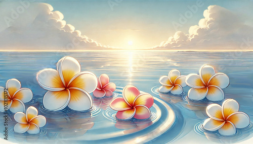ハワイの海とプルメリア