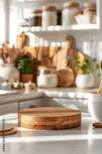 Kitchen podium background for food product. Wooden cutting board against a bright, modern kitchen backdrop. Table pedestal display, wooden platform.