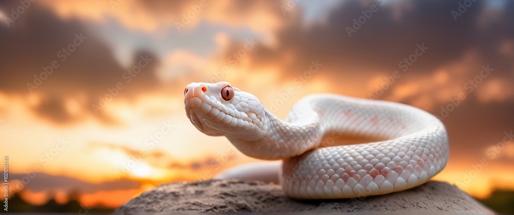Fototapeta premium Albino Amelanistic Corn Snake with sunset in background. Extremely detailed and realistic high resolution illustration